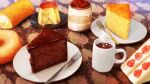  cake cake_slice coffee coffee_cup cup dessert disposable_cup drink food food_focus fork highres kaneko_ryou no_humans original plate pudding still_life strawberry_shortcake swiss_roll table 