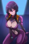  1girl absurdres batta_16-sei blush bodysuit breasts cleavage cleavage_cutout clothing_cutout highres hypnosis impossible_bodysuit impossible_clothes large_breasts looking_at_viewer mind_control navel_cutout original purple_bodysuit solo 