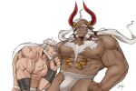  2boys abs absurdres bald bara beard bulge couple dark-skinned_male dark_skin draph facial_hair feet_out_of_frame full_beard fundoshi ghandagoza granblue_fantasy hand_on_own_chin highres horns huge_eyebrows japanese_clothes large_pectorals long_beard looking_at_bulge male_focus mature_male multiple_boys muscular muscular_male muscular_uke mutton_chops navel nipples nongnakk old old_man pectorals scar scar_on_chest size_difference smile soriz stomach stroking_own_chin strongman_waist sweatdrop thick_beard thick_chest_hair thick_eyebrows thick_mustache thick_thighs thighs tied_beard twitching_penis white_hair yaoi 