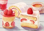  absurdres cake cake_slice cup drinking_glass food food_focus fruit highres kaneko_ryou no_humans original still_life strawberry strawberry_shortcake swiss_roll table teacup 