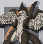 2024 anthro anus artist_name avian beak black_claws claws colored countershading english_text feathered_diva female flat_chested fur genitals grey_body grey_fur gryphon hi_res looking_at_viewer mythological_avian mythology nude pussy scuted_arms scutes smile solo standing text white_body white_countershading white_fur wings yellow_beak yellow_sclera