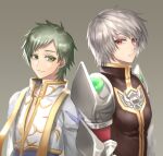  2boys arch_bishop_(ragnarok_online) armor bangs black_shirt blue_coat closed_mouth coat commentary_request cropped_jacket cross cross_necklace expressionless green_eyes green_hair grey_background jacket jewelry long_sleeves looking_at_viewer male_focus misuguu multiple_boys necklace official_alternate_costume pauldrons ragnarok_online red_eyes rune_knight_(ragnarok_online) shirt short_hair shoulder_armor simple_background smile upper_body white_hair white_jacket 