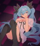  1girl absurdres blue_eyes blue_hair checkered_floor hair_ornament hatsune_miku highres knees_up long_hair looking_to_the_side mararu miku_day nail_polish neck_ribbon own_hands_together ribbon short_sleeves sitting skirt smile solo thighhighs twintails very_long_hair vocaloid world_is_mine_(vocaloid) 