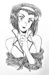  1girl commentary cowboy_bebop english_commentary faye_valentine goomyloid hairband head_tilt highres index_finger_raised ink_(medium) lipstick looking_at_viewer makeup monochrome short_hair simple_background sketch solo traditional_media upper_body white_background 