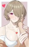  1boy 1girl absurdres border breasts brown_hair dress haerge hair_over_one_eye hand_on_another&#039;s_cheek hand_on_another&#039;s_face heart heart_necklace highres honkai_(series) honkai_impact_3rd jewelry long_sleeves looking_at_viewer mole mole_under_eye nail_polish necklace pov pov_hands purple_eyes rita_rossweisse short_hair smile white_border 
