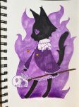 2023 3_fingers ambiguous_gender anthro barefoot black_body black_fur bone clothing colored colored_fire crescennd domestic_cat dress feet felid feline felis fingers fire fluffy fur holding_object holding_staff looking_aside mammal open_mouth pupils purple_clothing purple_dress purple_eyes purple_fire shaded sketchbook skull skull_accessory slit_pupils solo staff standing traditional_media_(artwork)