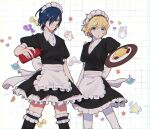  1boy 1girl :o aegis_(persona) alternate_costume apron arm_at_side back_bow bandaid black_dress black_thighhighs blonde_hair blue_eyes blue_hair bottle bow broken_heart chromatic_aberration closed_mouth collared_dress cowboy_shot crossdressing dress elulit2 enmaided food frilled_apron frilled_dress frilled_thighhighs frills fruit grey_eyes grid_background hair_between_eyes heart highres holding holding_bottle holding_tray ketchup ketchup_bottle looking_at_viewer maid maid_apron maid_headdress male_maid omelet omurice open_mouth orange_(fruit) orange_slice persona persona_3 plate puffy_short_sleeves puffy_sleeves sausage serious short_hair short_sleeves simple_background star_(symbol) sticker thighhighs tomato tomato_slice tray unicorn waist_apron white_apron white_background white_bow wing_collar yellow_bow yuuki_makoto_(persona_3) 