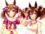  2girls animal_ears blue_eyes breasts brown_eyes brown_hair cleavage collarbone commentary_request fox_shadow_puppet hair_ribbon highres horse_ears inari_one_(umamusume) medium_breasts multiple_girls pointing pointing_up ribbon short_twintails simple_background smart_falcon_(umamusume) smile sugimotty_nova twintails umamusume white_background 