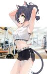  1girl absurdres adjusting_hair animal_ear_fluff animal_ears armpits arms_up bare_arms black_hair black_sports_bra cat_ears cat_girl cat_tail fang from_side green_eyes gym_shorts highres karyl_(princess_connect!) looking_at_viewer maxwelzy midriff multicolored_hair presenting_armpit princess_connect! short_shorts shorts sleeveless solo sports_bra sportswear streaked_hair tail tank_top white_tank_top 