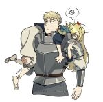  1boy 1girl absurdres angry armor blonde_hair blue_robe carrying carrying_over_shoulder carrying_person chainmail closed_mouth dungeon_meshi elf findoworld green_eyes highres hooded_robe laios_thorden long_hair long_sleeves looking_at_another marcille_donato pointy_ears robe scribble short_hair shoulder_armor simple_background speech_bubble upper_body white_background 