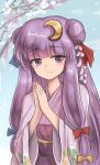  1girl crescent crescent_hair_ornament crescent_pin double_bun eyebrows_visible_through_hair hair_ornament highres japanese_clothes kimono long_hair namiki_(remiter00) no_hat no_headwear patchouli_knowledge purple_eyes purple_hair smile solo touhou upper_body very_long_hair 
