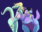 absurd_res alligator alligatorid anthro big_breasts black_hair blonde_hair bratty_(undertale) breasts catty_(undertale) cleavage clothed clothing colored_nails crocodilian daredemon7000 domestic_cat duo ear_piercing ear_ring felid feline felis female hair hi_res lipstick looking_at_viewer makeup mammal multicolored_hair nails open_mouth overalls piercing pink_sclera reptile ring_piercing scalie skinny slightly_chubby smile tail thick_thighs undertale_(series) yellow_sclera