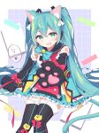  1girl alternate_costume animal_ears animal_hands aqua_bow aqua_bowtie aqua_dress bell black_thighhighs border bow bowtie cat_ears cat_tail commentary drawing_kanon dress feet_out_of_frame gloves green_eyes green_hair grid_background hatsune_miku highres long_hair looking_at_viewer miku_day multicolored_clothes multicolored_dress neck_bell open_mouth paw_gloves purple_background red_dress simple_background smile solo speech_bubble tail thighhighs translated very_long_hair vocaloid 