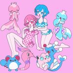  1boy 1girl :d bare_shoulders barefoot bikini blue_bikini blue_eyes blue_hair blue_ribbon braid brionne brother_and_sister crossdressing crossover dorothy_west frillish frillish_(female) frillish_(male) full_body hand_up hands_on_another&#039;s_shoulders highres invisible_chair jigglypuff kneeling looking_at_viewer marill mole mole_under_eye nyaasechan one-piece_swimsuit open_mouth otoko_no_ko pink_background pink_eyes pink_hair pink_one-piece_swimsuit pink_ribbon plaid plaid_bikini pokemon pokemon_(creature) pretty_series pripara reona_west ribbon short_hair siblings side_braid simple_background sitting smile swimsuit twins yawning 