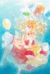  1girl air_bubble balloon bare_shoulders barefoot blonde_hair blue_eyes bow breasts bubble choker cleavage dress long_hair medium_breasts original painting_(medium) red_dress rei_(456789io) solo strapless strapless_dress traditional_media underwater watercolor_(medium) 