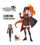  1boy 1girl absurdres bicorne black_footwear black_gloves blue_eyes boots buttons cape character_name closed_mouth copyright_name english_commentary fur-trimmed_cape fur_trim gloves hair_over_one_eye hat hat_feather highres long_hair lysandre_(pokemon) official_art_inset orange_hair original pokemon pokemon_(creature) pokemon_legends:_z-a pyroar pyroar_(female) reference_inset rhymewithray simple_background standing thigh_boots white_background 