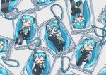  1nupool 6+girls :o bag black_footwear black_skirt black_sleeves blue_eyes blue_hair blue_necktie blush boots charm_(object) chibi clone closed_eyes closed_mouth collared_shirt detached_sleeves fetal_position grey_shirt hair_ornament hatsune_miku highres in_bag in_container knees_up long_hair looking_at_viewer multiple_girls necktie no_pupils open_mouth shadow shirt simple_background skirt sleeveless sleeveless_shirt smile thigh_boots twintails very_long_hair vocaloid white_background 