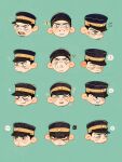 ! ... 1boy ? anger_vein black_eyes black_hair blush chengongzi123 closed_eyes closed_mouth commentary confused constricted_pupils ear_blush expression_chart facial_hair flustered goatee_stubble golden_kamuy green_background green_eyes happy_aura hat highres looking_at_viewer male_focus military_hat multiple_views one_eye_closed open_mouth shaded_face short_hair sign simple_background smile sparkling_aura speech_bubble spoken_ellipsis spoken_exclamation_mark spoken_expression stubble surprised sweat symbol-only_commentary triangle_mouth tsukishima_hajime very_short_hair warning_sign 