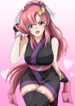  1girl absurdres bare_shoulders black_gloves blue_eyes breasts gloves gundam gundam_seed gundam_seed_freedom hair_ornament heart highres japanese_clothes lacus_clyne long_hair looking_at_viewer open_mouth pink_hair ponytail safety_kaijo sleeveless smile solo very_long_hair 