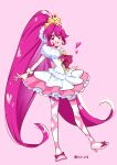  1girl :d aino_megumi bow brooch criss-cross_straps cure_lovely curly_sidelocks dot_nose footwear_bow full_body hair_ornament happinesscharge_precure! heart heart_brooch high_heels high_ponytail highres jewelry layered_skirt long_hair looking_at_viewer magical_girl open_mouth pink_bow pink_eyes pink_footwear pink_hair pink_ribbon pink_skirt pink_theme plv_276 precure ribbon skirt smile solo standing standing_on_one_leg super_happiness_lovely thighlet twitter_username very_long_hair white_skirt white_wrist_cuffs wrist_cuffs 