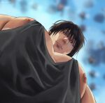  1boy absurdres bara black_tank_top foreshortening fushiguro_touji highres jujutsu_kaisen large_pectorals light_smile looking_at_viewer looking_down male_focus mature_male meme muscular muscular_male nipple_slip nipples pectoral_cleavage pectoral_focus pectorals photo-referenced scar scar_on_face scar_on_mouth short_hair sidepec solo tank_top thick_eyebrows tododoodles upper_body yur_oc_like_this_(meme) 