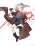  1boy :3 aged_down black_gloves blue_eyes boots child coat cowboy_hat dante_(devil_may_cry) devil_may_cry_(series) fingerless_gloves gloves gun hat highres holding looking_at_viewer male_focus red_coat short_shorts shorts simple_background smile solo weapon weibo_6308421298 white_hair 