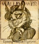 blush border clothing distressed dr_portal dungeons_and_dragons felid feline female fingerless_gloves gloves handwear hasbro hi_res lynx mammal monochrome profile rubbing_neck sepia shy smile smirk text wanted_poster wastedtimeee western whiskers wizards_of_the_coast