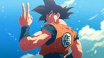  1boy black_eyes black_hair blue_shirt blue_sky cloud dougi dragon_ball dragon_ball_z emblem from_behind looking_at_viewer looking_back nika_dudi orange_shirt shirt short_sleeves sky sleeveless sleeveless_shirt solo son_goku spiked_hair upper_body v 