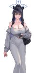  1girl alternate_costume bag black_hair blue_archive blue_halo blush breasts cellphone cleavage closed_mouth collarbone dress feet_out_of_frame green_eyes grey_dress halo highres holding holding_phone jamgom large_breasts long_hair long_sleeves looking_at_viewer phone revision shun_(blue_archive) simple_background smartphone smile solo white_background 