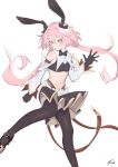  1boy absurdres animal_ears astolfo_(fate) astolfo_(saber)_(fate) ballet_slippers black_bow black_bowtie black_gloves black_thighhighs bow bowtie closed_mouth detached_sleeves fake_animal_ears fang fate/grand_order fate_(series) gloves gold_trim guoyangzi12 hair_bow hair_intakes highres light_blush long_hair looking_at_viewer male_focus midriff multicolored_hair navel open_hand otoko_no_ko pink_eyes pink_hair pleated_skirt rabbit_ears red_ribbon ribbon signature simple_background skin_fang skirt smile solo streaked_hair thighhighs two-tone_hair white_background white_hair wing_collar 