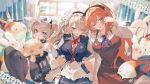  3girls ;o adjusting_hair animal animal_on_lap apron black_dress black_gloves black_thighhighs blonde_hair blue_eyes blue_neckerchief blue_shirt blush bow bow_hairband breasts brown_apron cat cat_on_lap collared_shirt cowboy_shot dress elbow_gloves g36_(girls&#039;_frontline) girls&#039;_frontline girls&#039;_frontline_2:_exilium gloves hair_bow hairband hand_up highres holding holding_animal holding_cat indoors kuuus long_hair looking_at_viewer maid maid_apron maid_headdress multiple_girls neck_ribbon neckerchief on_lap one_eye_closed orange_hair ponytail puffy_short_sleeves puffy_sleeves red_ribbon ribbon sharkry_(girls&#039;_frontline_2) shirt short_hair short_sleeves side_ponytail sitting springfield_(girls&#039;_frontline) star_(symbol) star_in_eye stuffed_animal stuffed_rabbit stuffed_toy symbol_in_eye thighhighs waist_apron weibo_logo weibo_username white_apron white_bow white_gloves white_shirt window wing_collar 