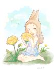  1girl animal_ears barefoot brown_eyes brown_hair dandelion dated day dress eating flower highres long_hair looking_at_viewer mizukiebiebi original outdoors rabbit_ears rabbit_tail sitting solo tail 