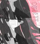  1girl bags_under_eyes blunt_bangs closed_mouth dot_mouth empty_eyes greyscale_with_colored_background long_hair looking_at_viewer noroi_(rnatataki) original pink_background portrait simple_background solo 