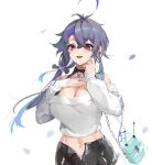  1girl :d absurdres azur_lane bangs bare_shoulders breasts cleavage commentary_request eir eyebrows_visible_through_hair foch_(azur_lane) grey_hair hand_on_own_chest hands_up highres large_breasts long_hair long_sleeves looking_at_viewer navel off-shoulder_sweater off_shoulder pink_eyes simple_background smile solo sweater upper_body white_background white_sweater 