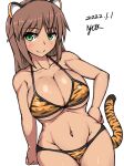  1girl 2022 alice_gear_aegis animal_ears animal_print bans bikini breasts brown_hair cleavage dark-skinned_female dark_skin dutch_angle eyebrows_visible_through_hair green_eyes hand_on_hip highres kaneshiya_sitara large_breasts long_hair navel nishiumi_yuuta smile solo swimsuit tail tiger_ears tiger_print tiger_tail white_background 