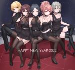  5girls ahoge bangs bare_shoulders belt black_dress black_eyes black_hair black_legwear blonde_hair blue_eyes boots breasts brown_eyes brown_hair cleavage closed_mouth collarbone commentary_request crossed_legs dress elbow_gloves fingers_to_mouth full_body garter_straps gloves green_eyes halterneck happy_new_year hayami_kanade high_heel_boots high_heels highres ichinose_shiki idolmaster idolmaster_cinderella_girls jewelry jougasaki_mika lipps_(idolmaster) long_hair looking_at_viewer medium_breasts miyamoto_frederica multiple_girls necklace nengajou new_year pantyhose parted_bangs pink_hair ponytail shiomi_syuko short_hair shougun_(chuckni1) silver_hair sitting smile thigh_boots thighhighs wavy_hair yellow_eyes 