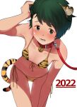  2022 animal_collar animal_ears animal_print bangs bell bikini chinese_zodiac collar collarbone cowboy_shot fake_animal_ears flat_chest front-tie_top green_eyes green_hair highres jingle_bell kantai_collection leaning_forward looking_at_viewer mogami_(kancolle) new_year short_hair side-tie_bikini simple_background standing swept_bangs swimsuit tail tiger_ears tiger_print tiger_tail tooku_nomura_(artist) white_background year_of_the_tiger 