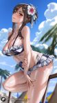  1girl absurdres bare_shoulders bikini blue_bikini blue_sky blush breasts brown_hair cleavage collarbone enma_(enmanuelart) final_fantasy final_fantasy_vii final_fantasy_vii_rebirth final_fantasy_vii_remake flower hair_flower hair_ornament highres large_breasts long_hair looking_at_viewer palm_tree red_eyes sidelocks sky smile solo swimsuit thighs tifa_lockhart tree two-tone_bikini white_bikini 