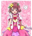  ! 1girl :d blush choker collarbone cosplay cowboy_shot cure_grace cure_grace_(cosplay) dot_nose dress earrings floral_background flower flower_brooch gloves hair_flower hair_ornament hakuchuu hanadera_nodoka healin&#039;_good_precure heart heart_hair_ornament highres jacket jewelry layered_dress looking_at_viewer magical_girl open_mouth pink_background pink_choker pink_dress pink_theme precure red_eyes red_hair self_cosplay short_hair smile solo spoken_exclamation_mark standing straight-on white_gloves white_jacket 