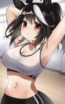  1girl absurdres alternate_hairstyle animal_ears armpits arms_behind_head arms_up bare_shoulders black_hair black_pants blurry blurry_background blush breasts cleavage commentary_request highres horse_ears horse_girl horse_tail indoors kitasan_black_(umamusume) large_breasts looking_at_viewer midriff multicolored_hair naganegi03 navel open_mouth pants ponytail red_eyes solo sports_bra steaming_body stomach streaked_hair tail umamusume upper_body white_hair white_sports_bra 