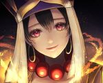  1girl aura bead_necklace beads black_background black_hair earrings fate/grand_order fate_(series) glowing hat hoop_earrings jewelry necklace portrait purple_eyes seki_(sekixview) smile xuangzang_sanzang_(fate) 