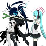  2girls :o aqua_eyes aqua_hair belt bikini black_bikini black_gloves black_hair black_jacket black_nails black_rock_shooter black_rock_shooter_(character) black_skirt black_thighhighs blue_eyes breasts chain collared_shirt commentary detached_sleeves eating english_commentary fingerless_gloves food from_side front-tie_bikini_top front-tie_top gloves hatsune_miku headphones highleg highleg_bikini highres holding holding_food jacket long_hair miku_day mmmalice multiple_girls navel one_eye_closed open_clothes open_jacket pale_skin pants pleated_skirt profile scar scar_on_chest scar_on_stomach shirt signature single_bare_leg skirt sleeveless sleeveless_shirt small_breasts spring_onion swimsuit thighhighs torn_clothes torn_pants twintails vocaloid white_shirt zipper 