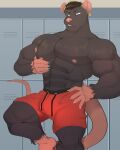 2020 5_fingers abs anthro areola barefoot biceps big_muscles biped blue_eyes bottomwear bulge claws clothed clothing digital_drawing_(artwork) digital_media_(artwork) ear_piercing ear_ring feet finger_claws fingers fur glowing glowing_eyes grey_body grey_fur hand_on_chest hand_on_hip hi_res locker locker_room long_tail looking_at_viewer male mammal murid murine muscular muscular_anthro muscular_male navel nipples paws pecs piercing plantigrade rat red_bottomwear red_clothing red_shorts redleonhart ring_piercing rodent shorts shorts_only solo tail white_claws