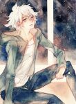  1boy black_pants blue_eyes collarbone danganronpa_(series) danganronpa_2:_goodbye_despair green_jacket grey_eyes hair_between_eyes hood hood_down hooded_jacket hoodie jacket komaeda_nagito long_sleeves looking_at_viewer male_focus painting_(medium) pants rei_(456789io) shirt sitting solo traditional_media watercolor_(medium) white_hair white_shirt 