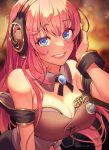  1girl blue_eyes blurry blush bokeh breasts cleavage depth_of_field detached_collar eyelashes hair_between_eyes hand_on_headphones headphones large_breasts long_hair looking_at_viewer megurine_luka megurine_luka_(vocaloid4) parted_lips pink_hair pink_lips pnkn_art smile sparkle teeth twitter_username upper_body vocaloid 