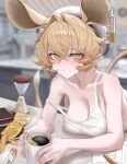  1girl animal_ears arknights bare_shoulders beret blonde_hair blush breast_rest breasts breasts_on_table cleavage closed_mouth coffee coffee_mug collarbone cup dorothy_(arknights) drink earclip gloves hair_intakes hat highres holding holding_drink hourglass indoors large_breasts looking_at_viewer mildt mouse_ears mouse_girl mug notebook paper pen ringed_eyes shirt sleeveless sleeveless_shirt solo steam strap_slip sweatdrop unworn_gloves upper_body white_headwear white_shirt yellow_eyes yellow_gloves 
