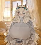  1girl absurdres barghest_(fate) blonde_hair blush breasts cup curtains fate/grand_order fate_(series) green_eyes grey_sweater heterochromia highres horns huge_breasts long_hair long_sleeves looking_at_viewer mug obazzotto smile solo sweater turtleneck turtleneck_sweater window 