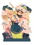  2girls :o black_dress black_hair black_jumpsuit bow-shaped_hair breasts callie_(splatoon) cleavage collar confetti copyright_name detached_collar dress earrings faceless faceless_female fangs gloves green_pantyhose grey_hair highres inkling jewelry jumpsuit large_breasts magic_qy marie_(splatoon) mole mole_under_eye multiple_girls orange_eyes pantyhose pink_pantyhose short_hair skin_fangs solo_focus speaker splatoon_(series) stage stage_lights star-shaped_pupils star_(symbol) strapless strapless_dress symbol-shaped_pupils tentacle_hair twintails twitter_username white_background white_collar white_gloves 