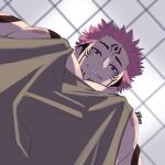  1boy bara black_hair brown_tank_top foreshortening highres jujutsu_kaisen large_pectorals looking_at_viewer looking_down male_focus meme muscular muscular_male nipple_slip nipples nme_zero pectoral_cleavage pectoral_focus pectorals photo-referenced pink_hair red_eyes ryoumen_sukuna_(jujutsu_kaisen) short_hair sidepec smirk solo spiked_hair tank_top tattoo thick_eyebrows upper_body yur_oc_like_this_(meme) 