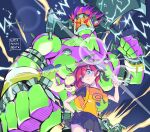  1girl 2boys absurdres aiba_ami artist_name axe black_skirt blue_eyes bolt boltmon chain colored_skin digimon digimon_story:_cyber_sleuth electricity glowing glowing_eyes goggles goggles_on_head grabbing grabbing_another&#039;s_breast green_skin highres holding holding_weapon horns mask medium_hair multiple_boys red_eyes red_hair scar shirt side_ponytail single_horn skirt smirk supermondobeat terriermon thumbs_up topless_male weapon yellow_shirt 